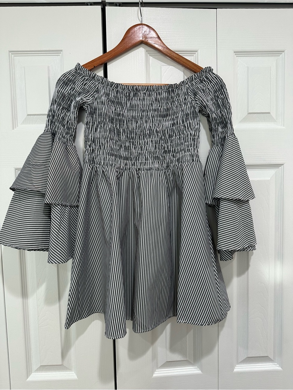 Gray and White Striped Off-Shoulder Ruffled Sleeve Tunic